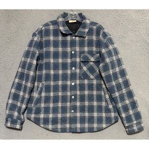 YOUNGLA Shirt Mens Large Blue Plaid Flannel Quilted Snap Button Shacket Jacket